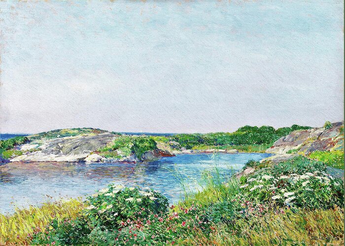The Little Pond Greeting Card featuring the painting The Little Pond, Appledore - Digital Remastered Edition by Frederick Childe Hassam