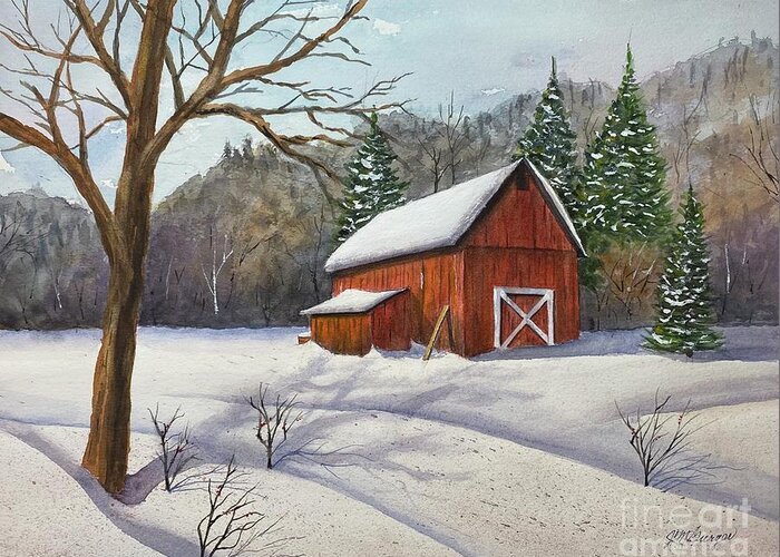 Barn Greeting Card featuring the painting The Little Red Barn by Joseph Burger