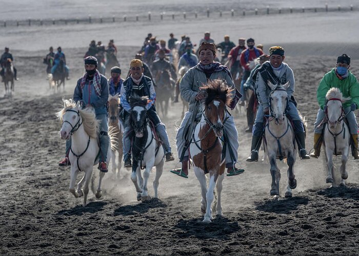 Horse Greeting Card featuring the photograph The local horse riders of Mt Bromo by Anges Van der Logt