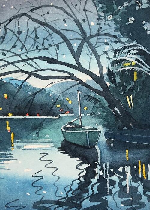 Canoe Greeting Card featuring the painting The Lonely Canoe at Night. by Luisa Millicent