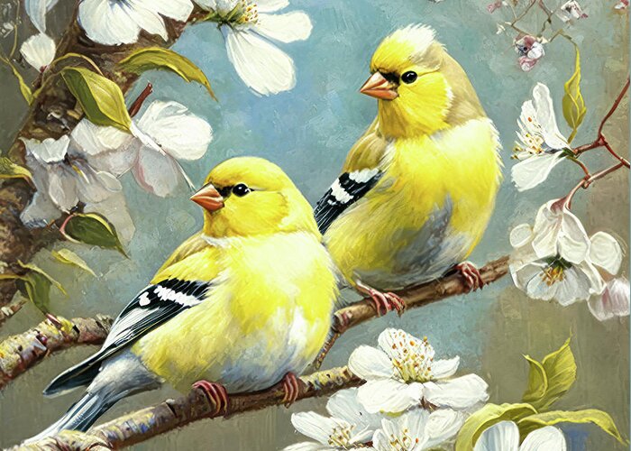 American Goldfinches Greeting Card featuring the painting The Lovely Goldfinches by Tina LeCour