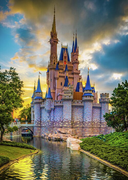 Orlando Greeting Card featuring the photograph The Magic Kingdom Castle at Sunset - Orlando Florida by Gregory Ballos