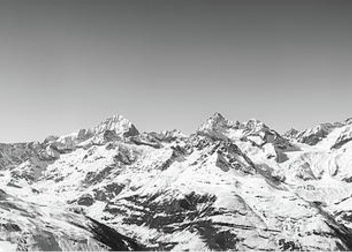 Alpine Greeting Card featuring the photograph The Matterhorn and Swiss Mountains Panorama BW by Rick Deacon