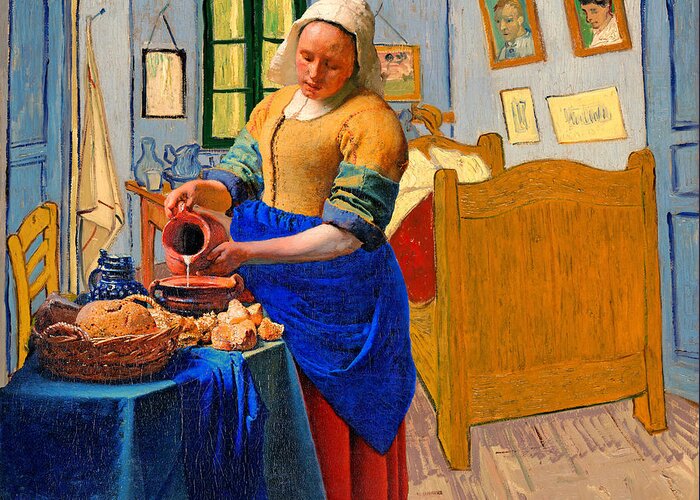 Milkmaid Greeting Card featuring the digital art The Milkmaid by Johannes Vermeer inside Van Goghs Bedroom in Arles by Nicko Prints