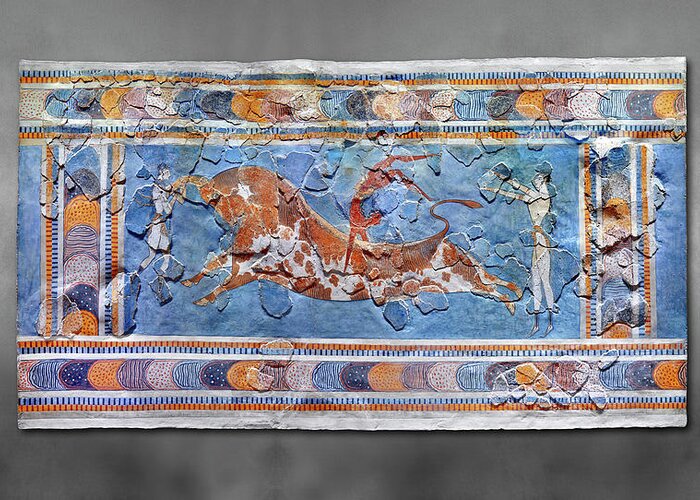 Wall Painting Knossos Greeting Card featuring the photograph The Minoan Bull leaping fresco - Heraklion Archaeological Museum by Paul E Williams
