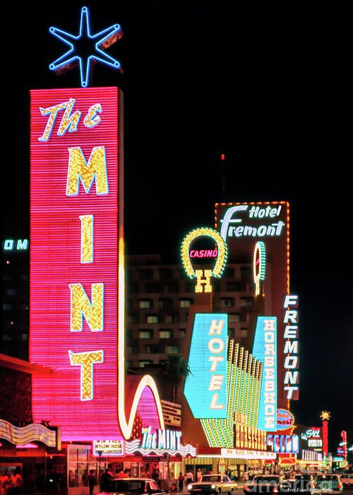 The Mint Casino Greeting Card featuring the photograph The Mint and Horseshoe Casino Signs at Night by Aloha Art