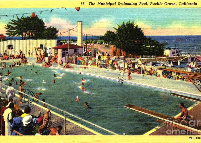 Municipal Swimming Greeting Card featuring the photograph The Municipal Swimming Pool, Pacific Grove, California Circa 194 by Monterey County Historical Society