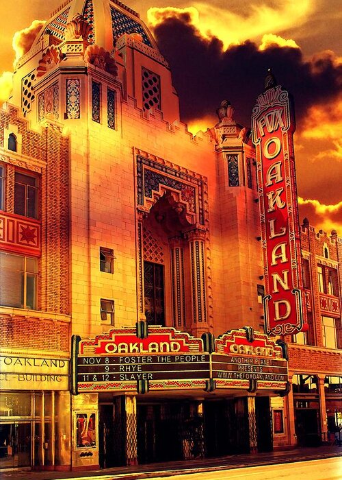 Fox Theatre Greeting Card featuring the digital art The Oakland Fox Theatre in sunset light by Nicko Prints
