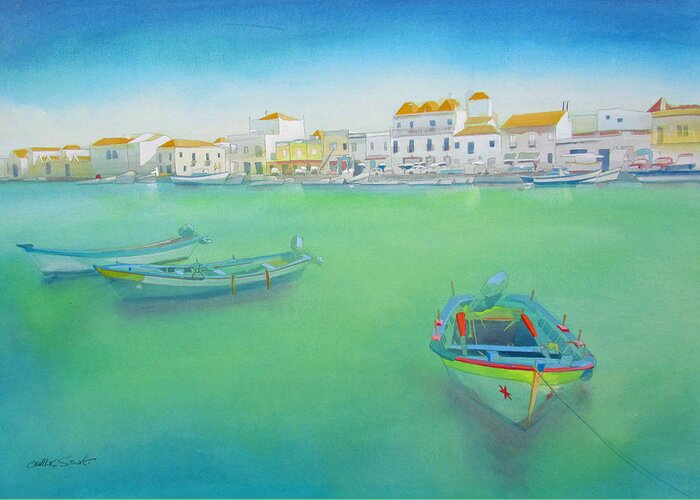 Boat Greeting Card featuring the painting the old port Tavira Portugal by Charles Stuart