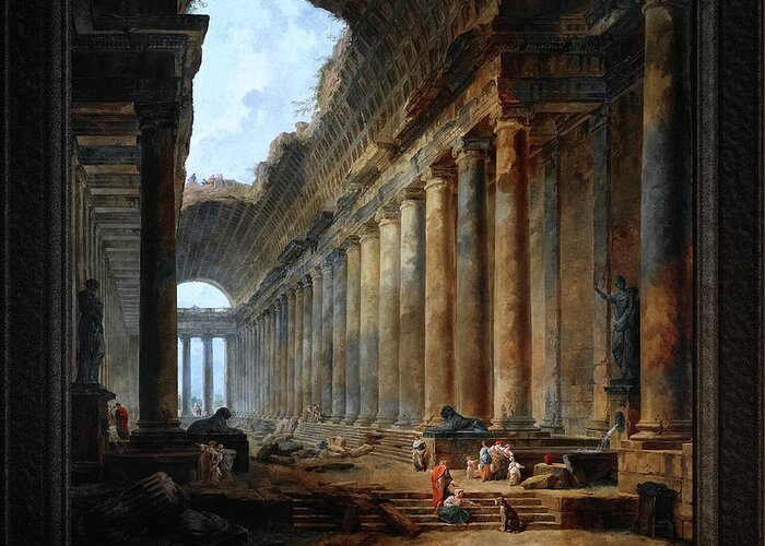 The Old Temple Greeting Card featuring the painting The Old Temple by Hubert Robert Old Masters Fine Art Reproduction by Rolando Burbon