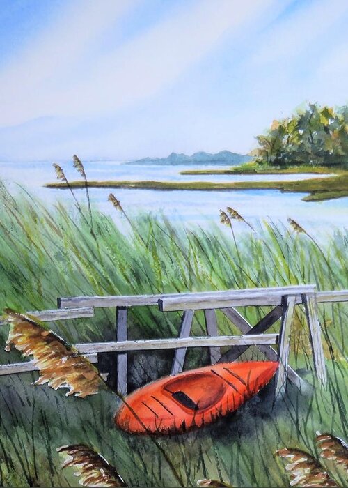 Kayak Greeting Card featuring the painting The Orange Kayak by Joseph Burger