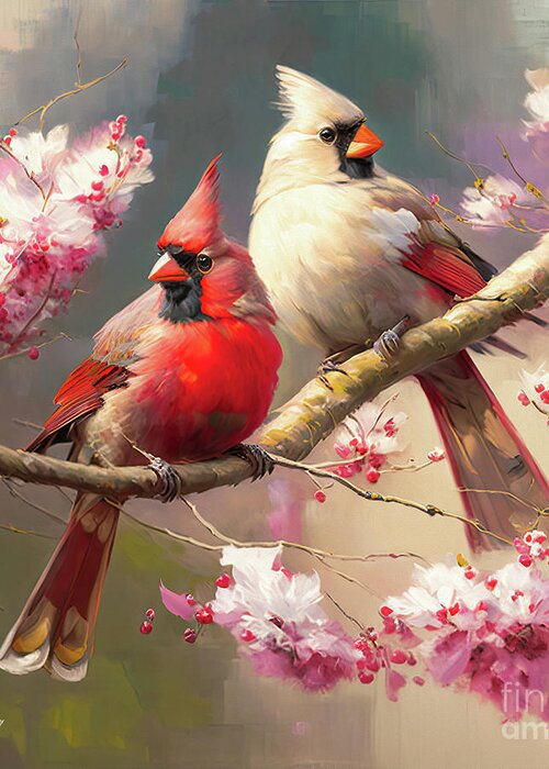 Nothern Cardinals Greeting Card featuring the painting The Perfect Pair by Tina LeCour