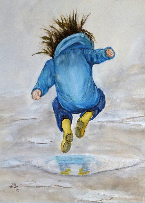 Puddle Greeting Card featuring the painting The Perfect Puddle... JUMP by Kelly Mills