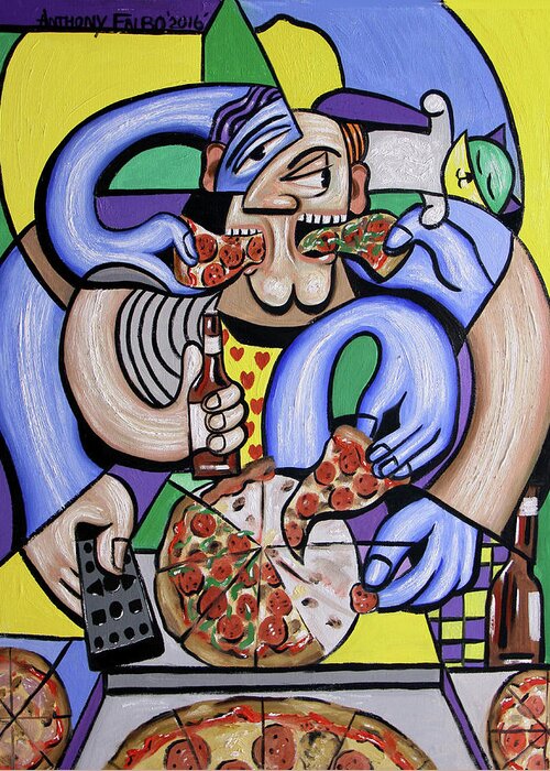 The Pizzaholic Greeting Card featuring the painting The Pizzaholic by Anthony Falbo