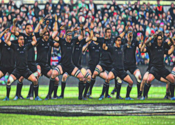 Rugby Image Greeting Card featuring the digital art The Power of the Haka by Donna Watson - Hall and ArtcrewNZ