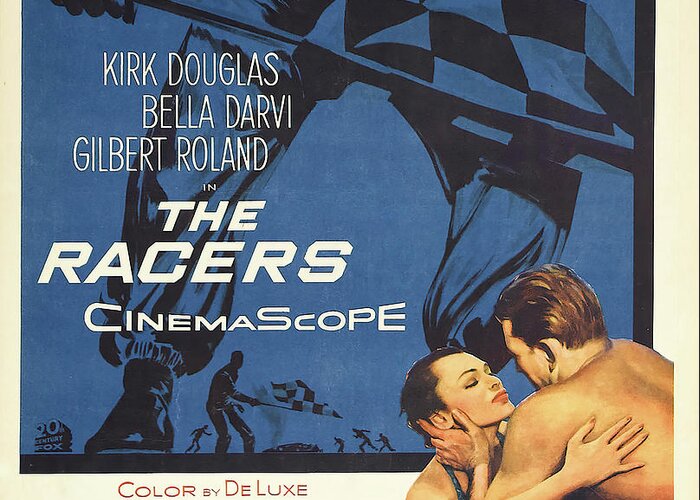 Racers Greeting Card featuring the mixed media ''The Racers'', with Kirk Douglas and Bella Darvi, 1955 by Movie World Posters