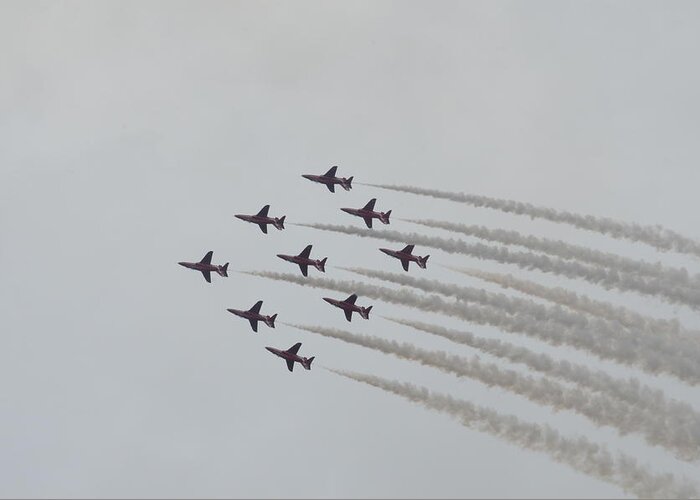 21st Century Greeting Card featuring the photograph The Red Arrows doing a Loop in the Diamond 9 by Gordon James
