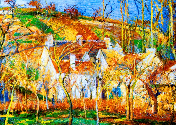 Camille Greeting Card featuring the painting The Red Roofs, Corner of a Village Winter 1877 by Camille Pissarro