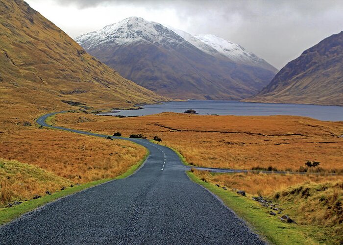 Ireland;jenniferrobin.gallery;road;clouds;lake;mountain;snow;water;county Galway;landscape;nature;snow Capped Greeting Card featuring the photograph The Road In by Jennifer Robin