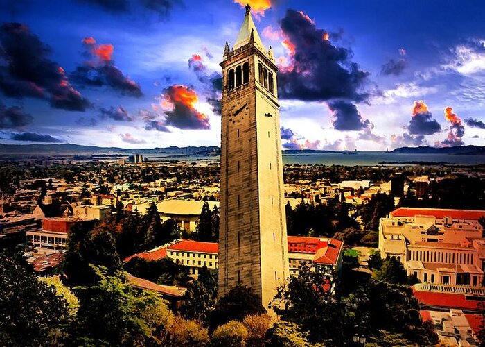 Berkeley Greeting Card featuring the digital art The Sather Tower and a a view to Berkeley Campus, downtown Berkeley and San Francisco Bay at sunrise by Nicko Prints