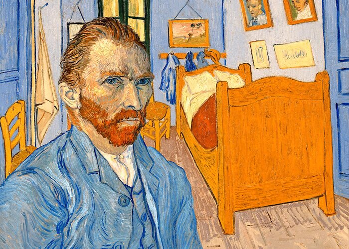 Bedroom In Arles Greeting Card featuring the digital art The self-portrait of Vincent van Gogh in front of the Bedroom in Arles - digital recreation by Nicko Prints