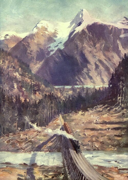 Train Greeting Card featuring the painting The Selkirks by Canadian Pacific Railway