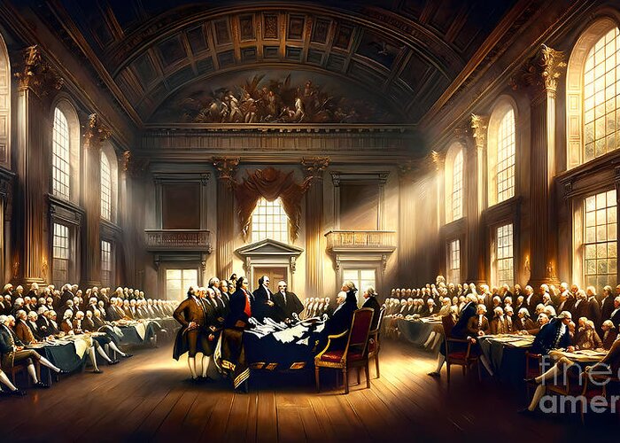 History Greeting Card featuring the painting The signing of the Declaration of Independence, in a grand historical painting style by Jeff Creation