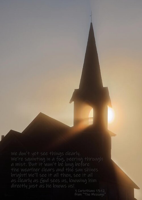 Steeple Bell Sun Lutheran Church Abandoned Nd Light Beams Fog Vertical Rays Greeting Card featuring the photograph The Son's Lighthouse - sun rays in fog through church steeple with bible verse by Peter Herman