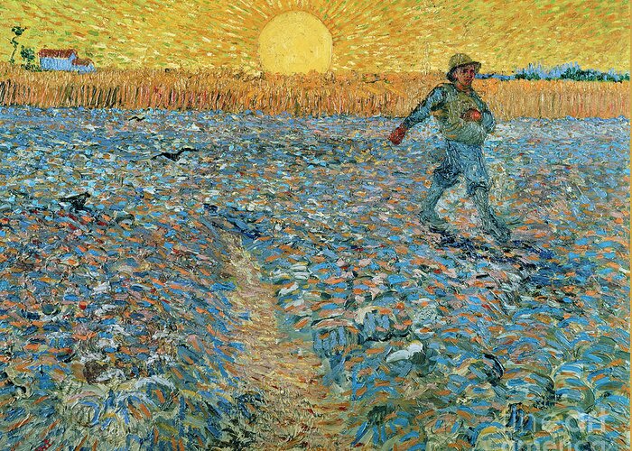 Vincent Van Gogh Greeting Card featuring the painting The sower in the setting sun by Vincent van Gogh