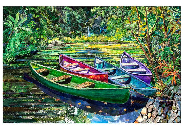 Collage Collages Mixed Media Acrylic Belize Central America Canoe Canoes Boat Boats Creek Stream Water Jungle Jungles Tropical Tropics Greeting Card featuring the mixed media The Stories They Could Tell by Li Newton