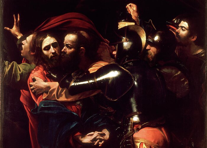 Passion Greeting Card featuring the painting The Taking of Christ by Michelangelo Merisi da Caravaggio