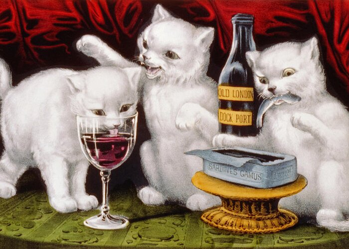 Currier And Ives Greeting Card featuring the painting The three jolly kittens by Currier and Ives