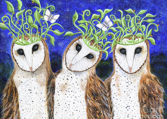 Owls Greeting Card featuring the painting The Three Kings, an owl painting by Lise Winne