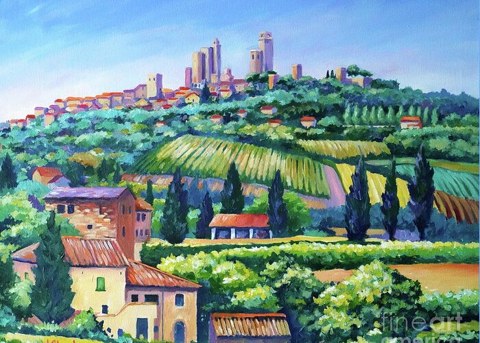 Italy Greeting Card featuring the painting The Towers of San Gimignano by John Clark