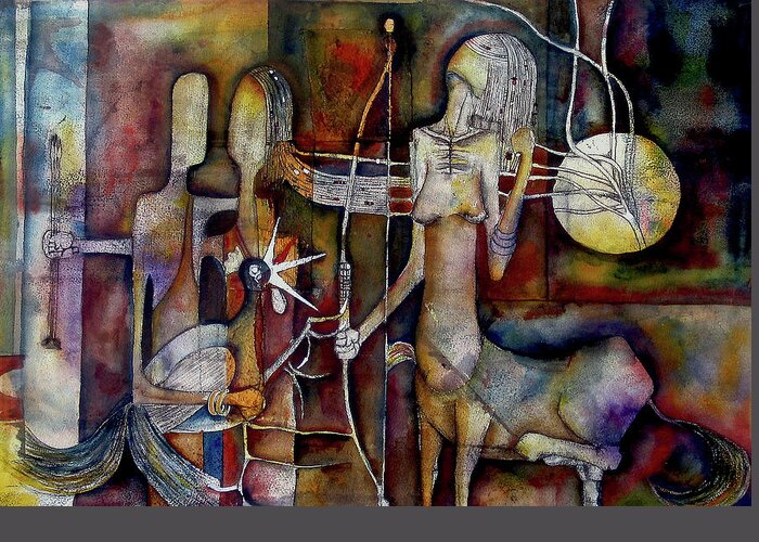 Abstract Greeting Card featuring the painting The Unicorn Man by Speelman Mahlangu 1958-2004