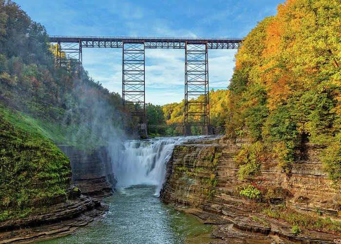 Letchworth State Park Greeting Card featuring the photograph The Upper Falls And Railroad Trestle At Letchworth State Park by Jim Vallee
