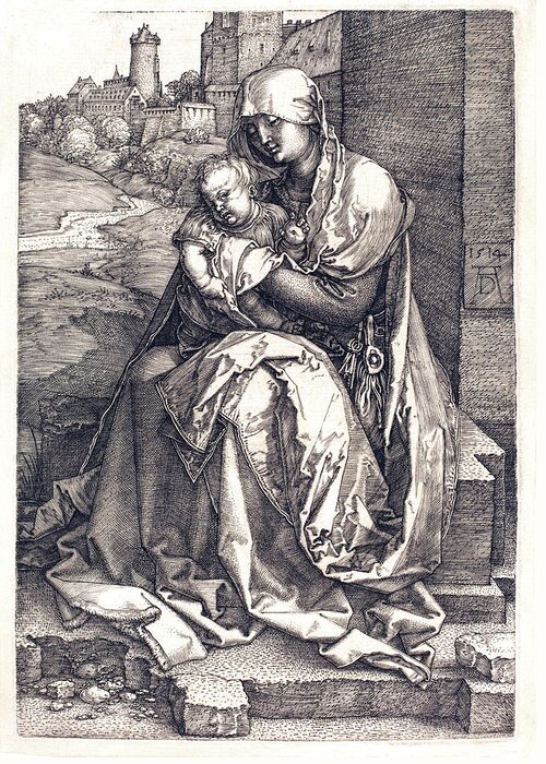 Virgin Greeting Card featuring the drawing The Virgin and Child by Long Shot