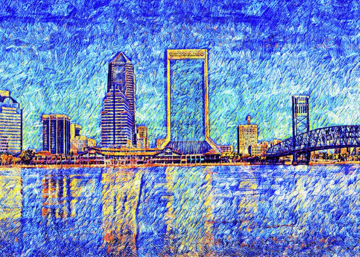 Downtown Jacksonville Greeting Card featuring the digital art The waterfront of downtown Jacksonville, Florida - digital painting by Nicko Prints