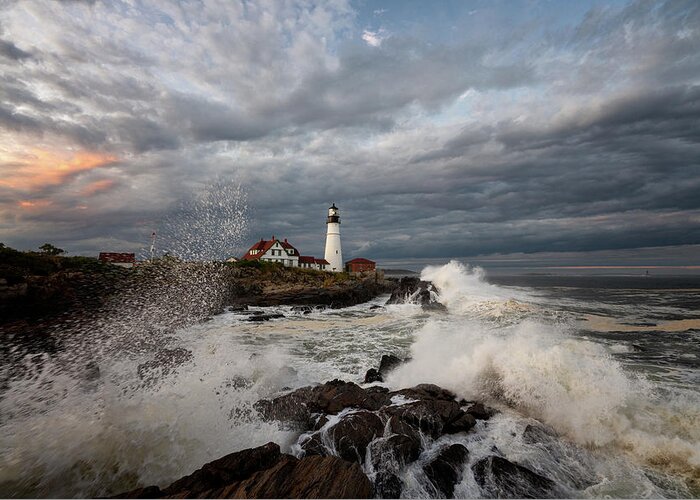 #portland#headlight#capeelizabeth#lighthouse#waves#oceanscenes#d Greeting Card featuring the photograph The Waves of Dorian by Darylann Leonard Photography