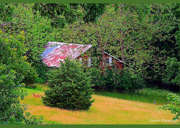 Scenic Greeting Card featuring the photograph The Whitetail and the Red Barn by Steve Warnstaff