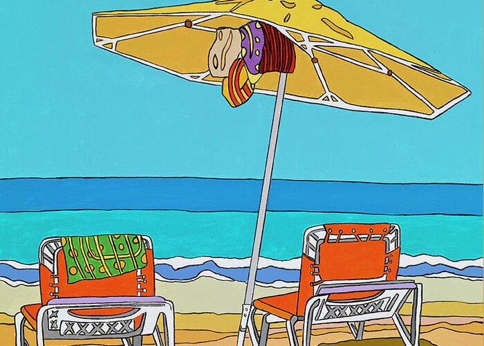 Beach Chairs Sand Ocean Water Summer Umbrella Greeting Card featuring the painting The yellow umbrella by Mike Stanko