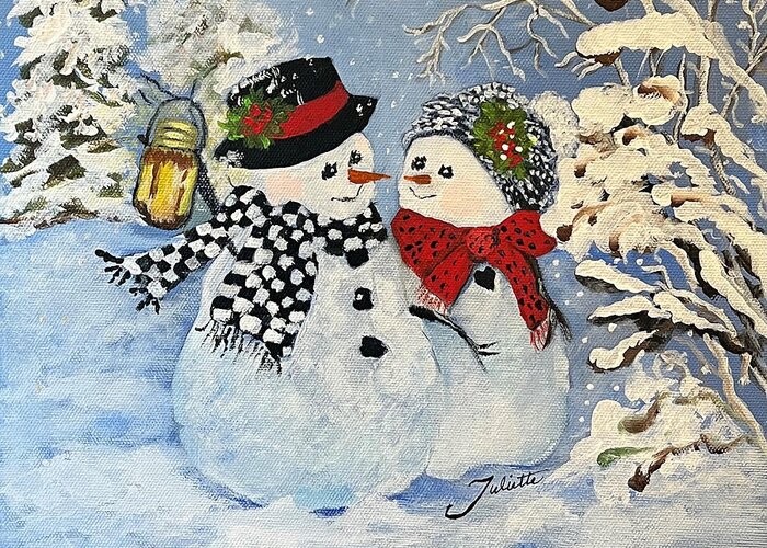 Snowman Greeting Card featuring the painting This is a Fine Snowmance by Juliette Becker