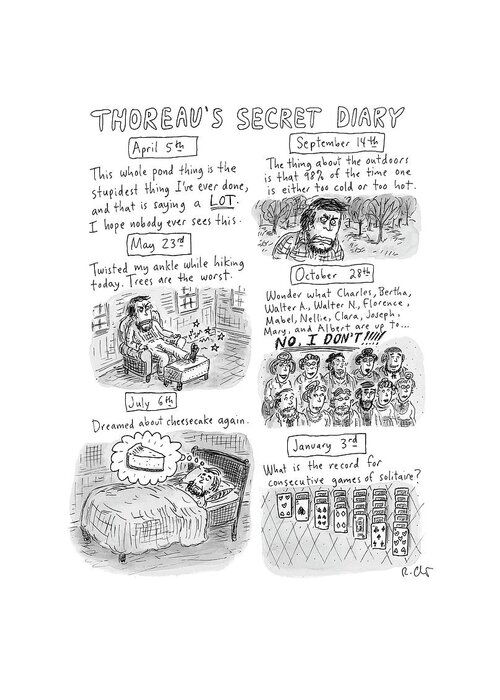 Captionless Greeting Card featuring the drawing Thoreaus Secret Diary by Roz Chast