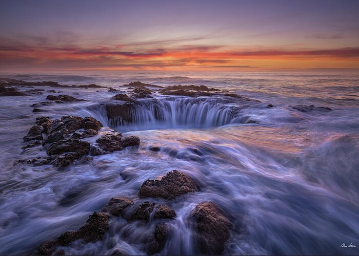 Oregon Coast Greeting Card featuring the photograph Thor's Well At Sunset by Chris Steele