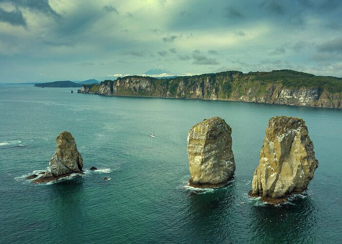 Rock Greeting Card featuring the photograph Three brother rocks in Avacha bay by Mikhail Kokhanchikov