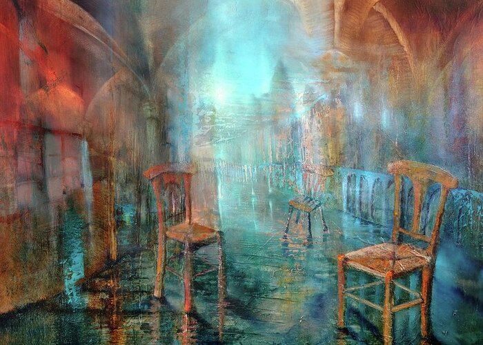 Colorful Greeting Card featuring the painting Three chairs in blue and red hall by Annette Schmucker