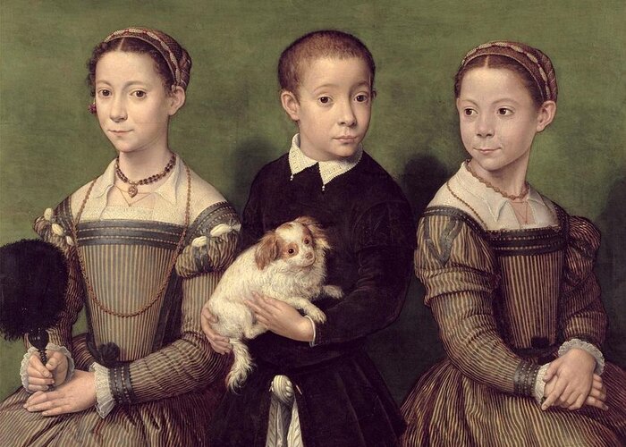  Greeting Card featuring the painting Three children with dog by Sofonisba Anguissola