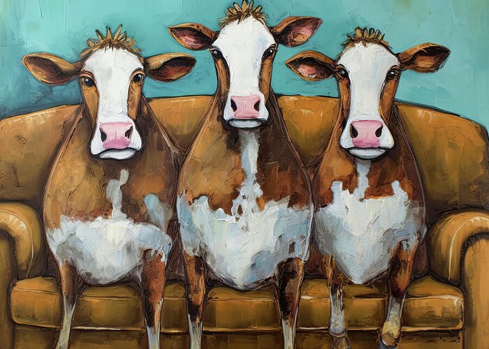 Brown Cows Greeting Card featuring the painting Three Comfy Cows by Tina LeCour