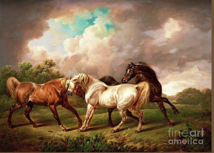 Painting Greeting Card featuring the painting Three Horses in a Stormy Landscape by The James Roney Collection
