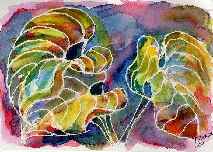Bright Color Greeting Card featuring the painting Three Hosta Leaves by Tammy Nara